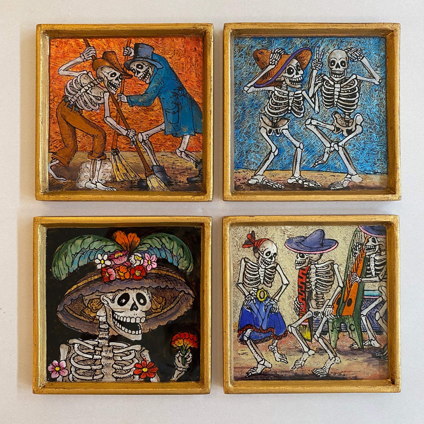 Set of 4 Reverse Glass Painted Coasters—Day of the Dead Skeletons