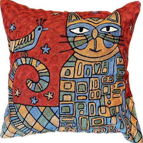 Silk Cat and Bird Pillow