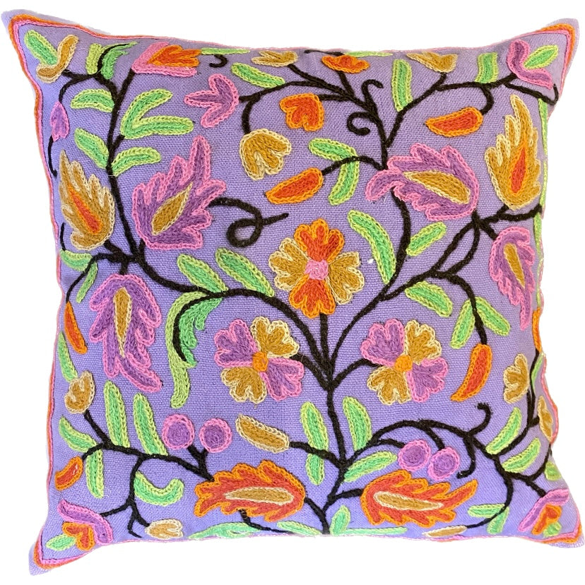 Crewel Flowers Pillow- Purple
