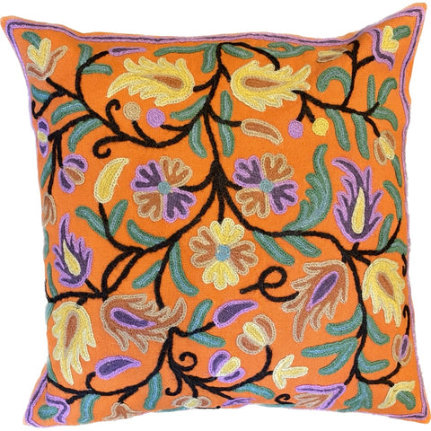 Crewel Flowers Pillow- Orange