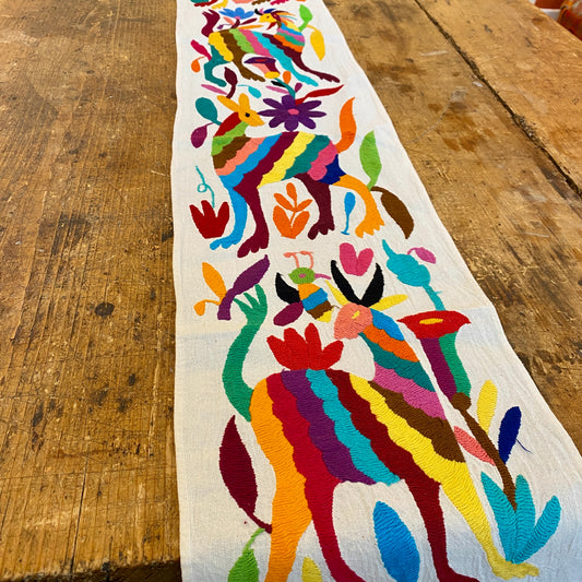 Small Otomi Table Runner- Horizontal Multicolor Flowers and Animals A