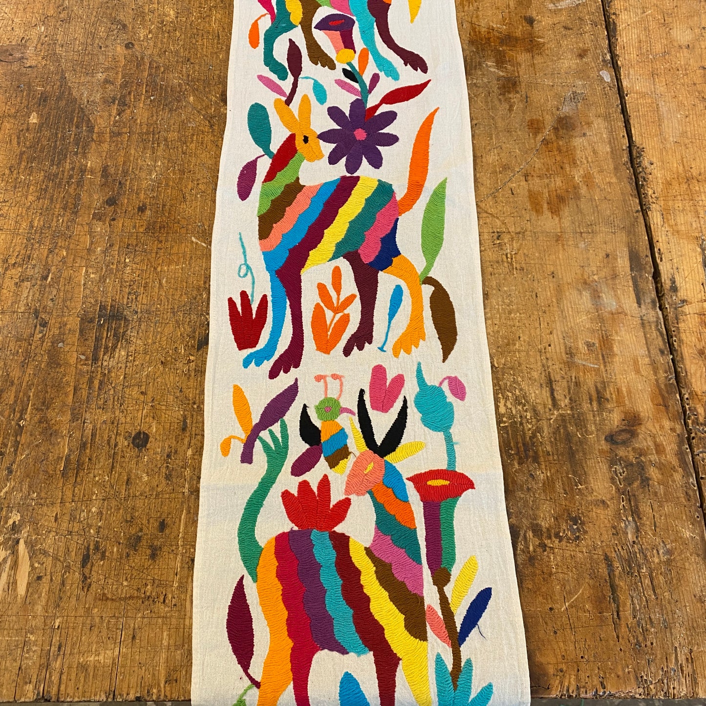 Small Otomi Table Runner- Horizontal Multicolor Flowers and Animals A