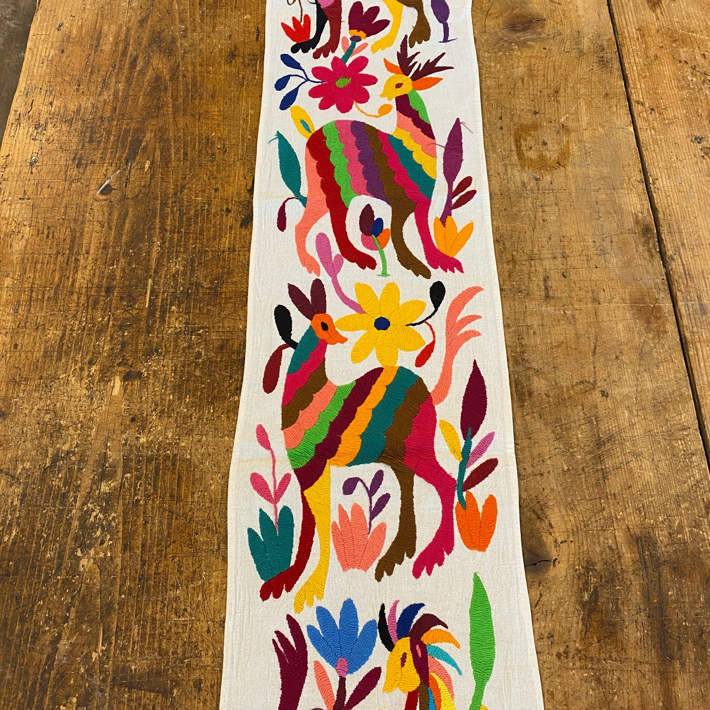 Small Otomi Table Runner- Horizontal Multicolor Flowers and Animals A