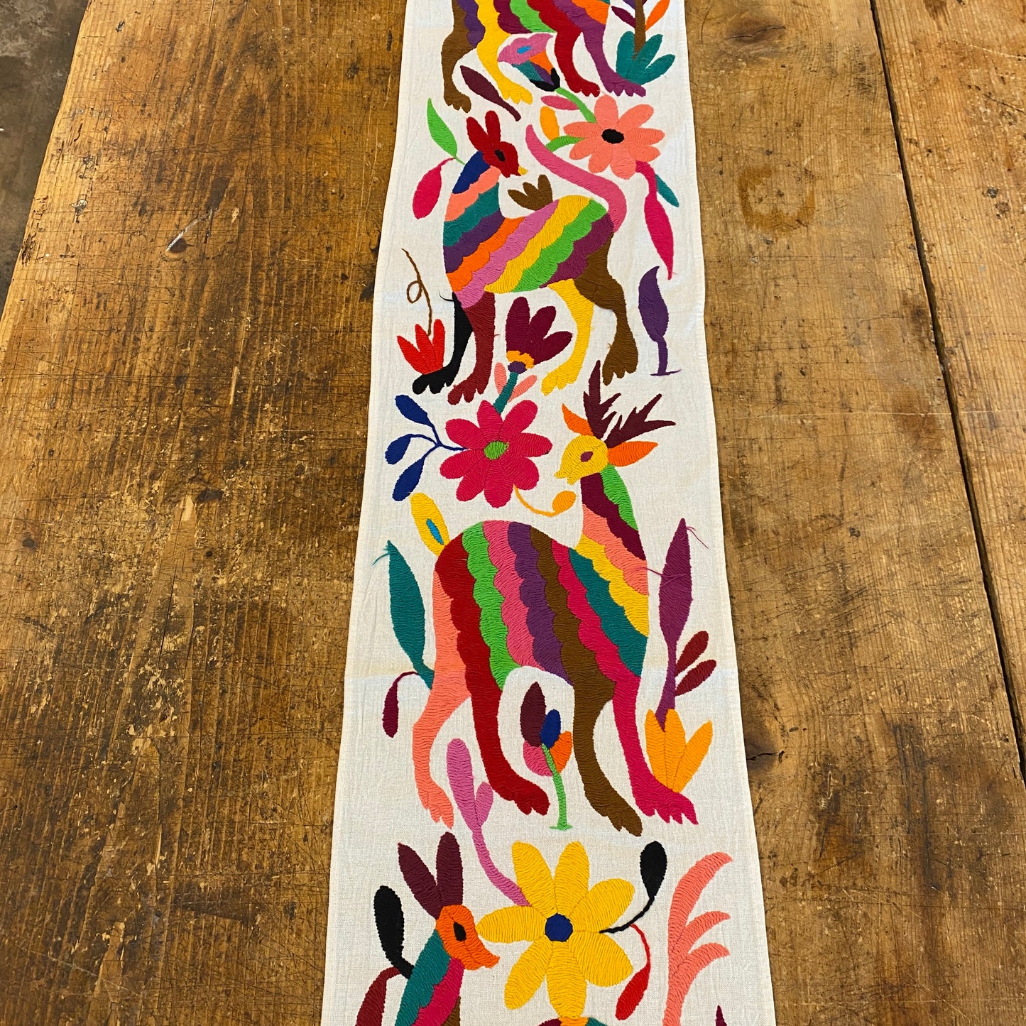 Small Otomi Table Runner- Horizontal Multicolor Flowers and Animals A