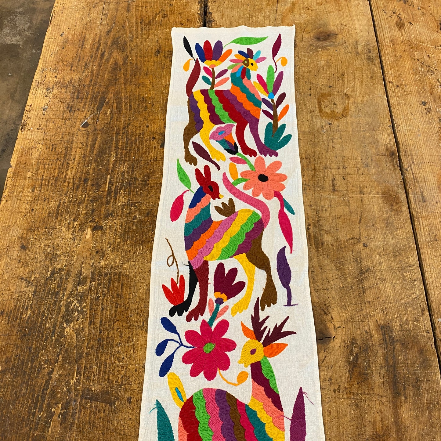 Small Otomi Table Runner- Horizontal Multicolor Flowers and Animals A