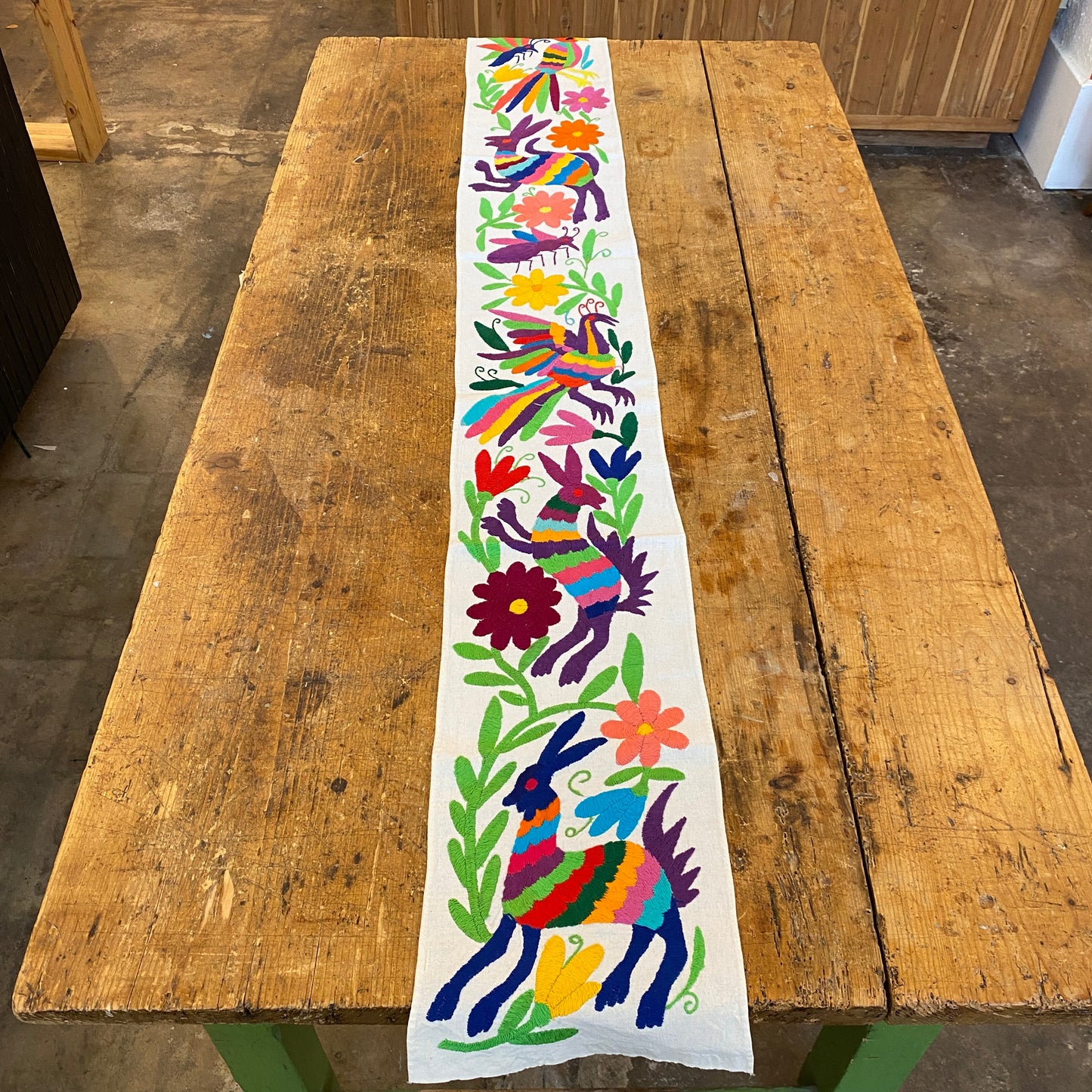 Small Otomi Table Runner- Horizontal Multicolor Flowers and Animals F