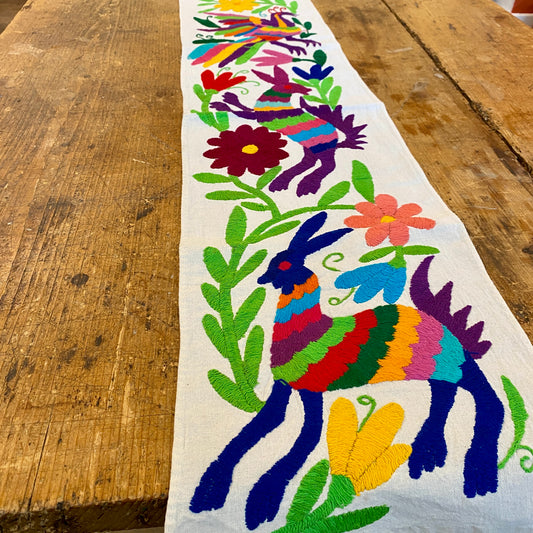 Small Otomi Table Runner- Horizontal Multicolor Flowers and Animals F