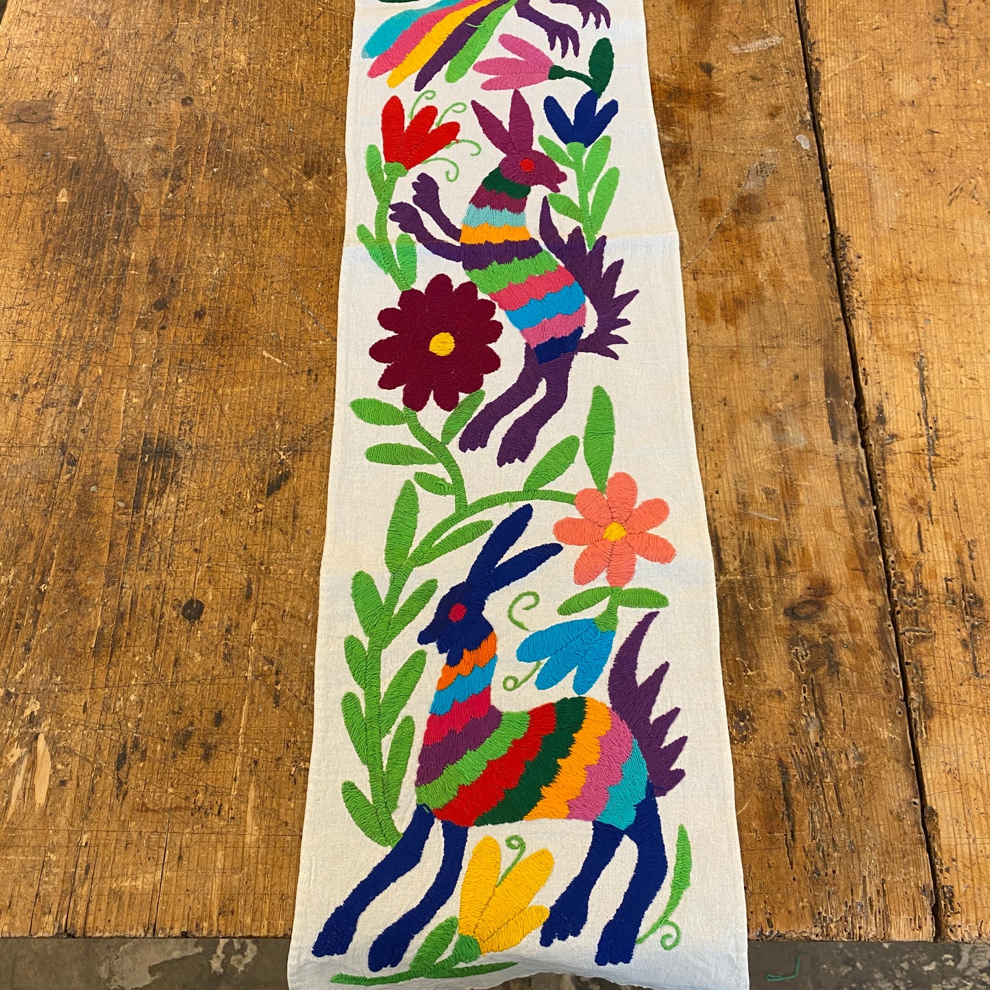 Small Otomi Table Runner- Horizontal Multicolor Flowers and Animals F