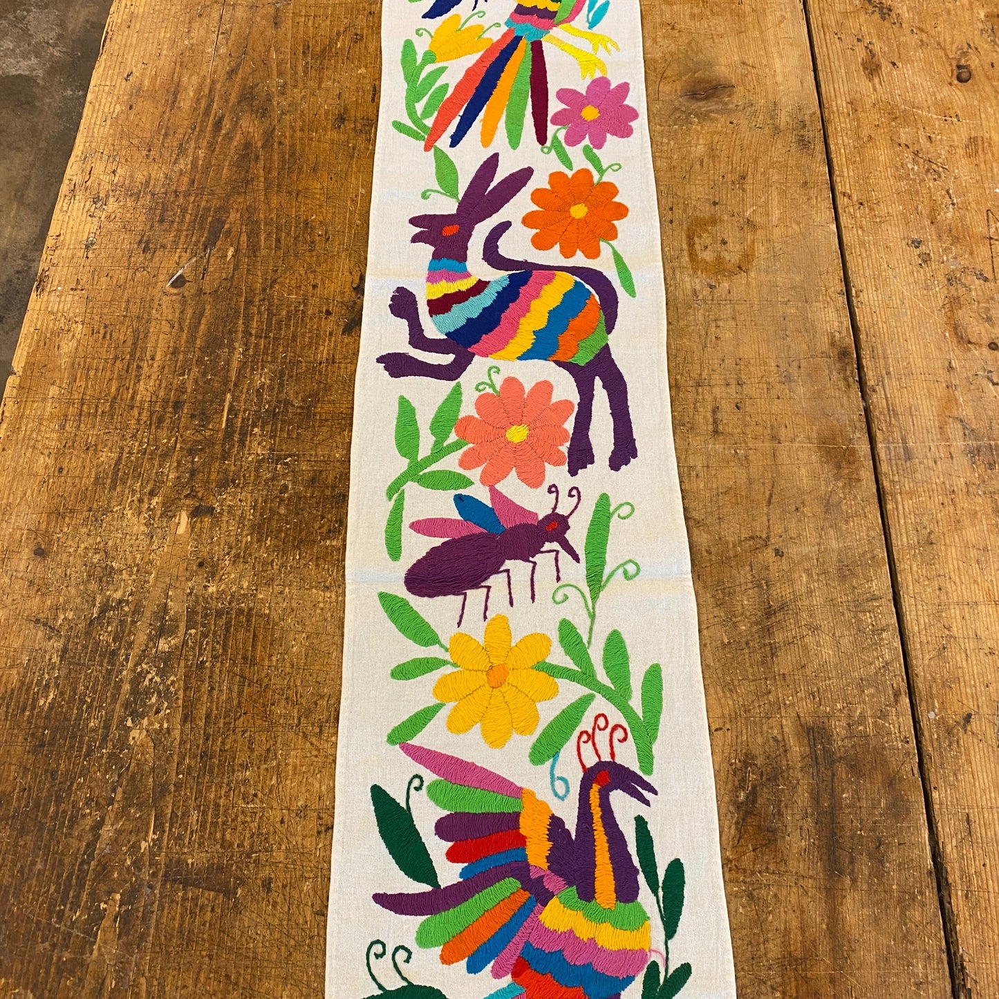 Small Otomi Table Runner- Horizontal Multicolor Flowers and Animals F