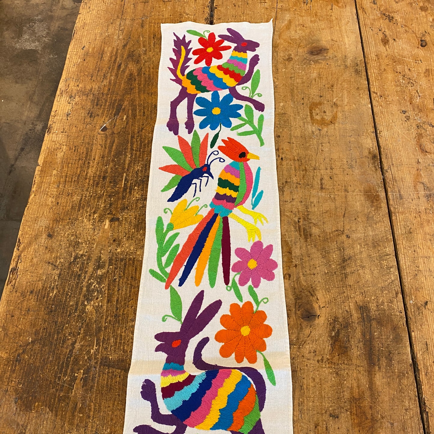 Small Otomi Table Runner- Horizontal Multicolor Flowers and Animals F