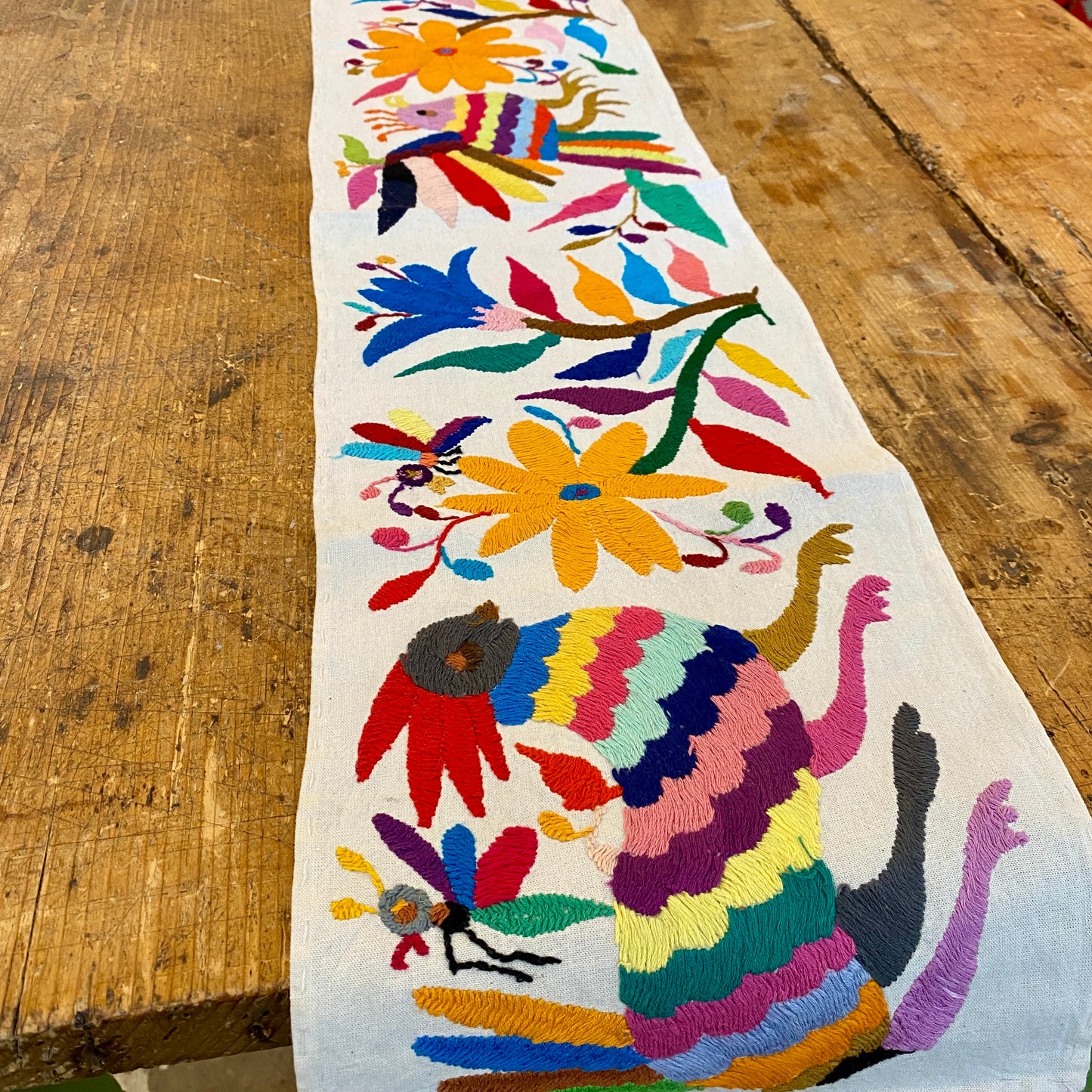 Small Otomi Table Runner- Horizontal Multicolor Flowers and Animals G