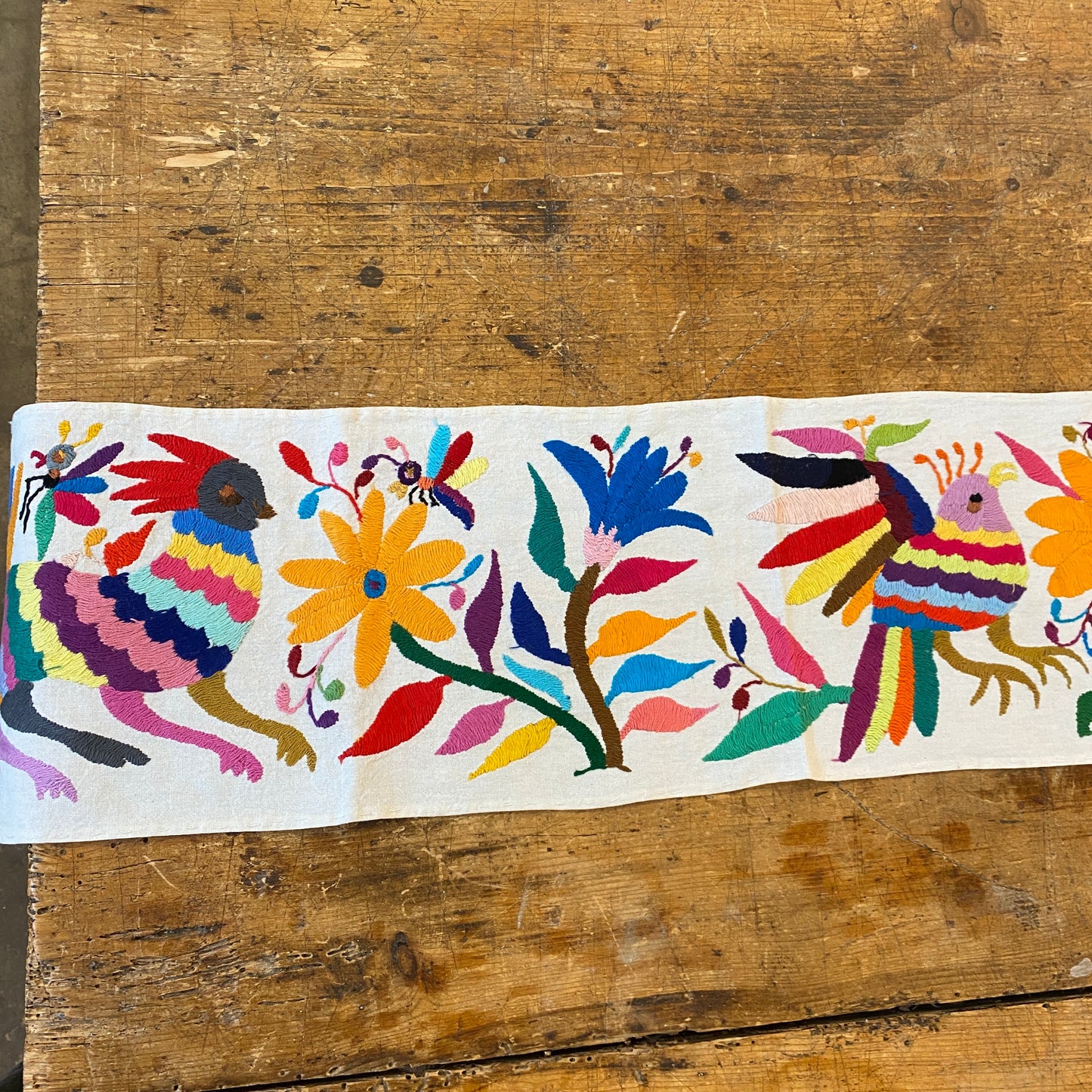 Small Otomi Table Runner- Horizontal Multicolor Flowers and Animals G