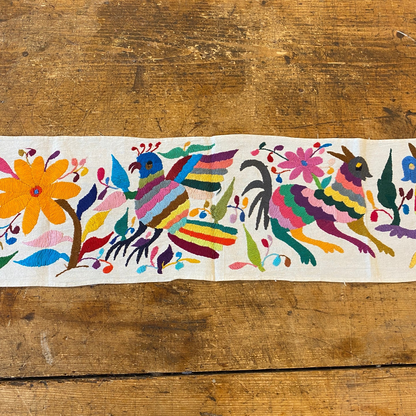 Small Otomi Table Runner- Horizontal Multicolor Flowers and Animals G