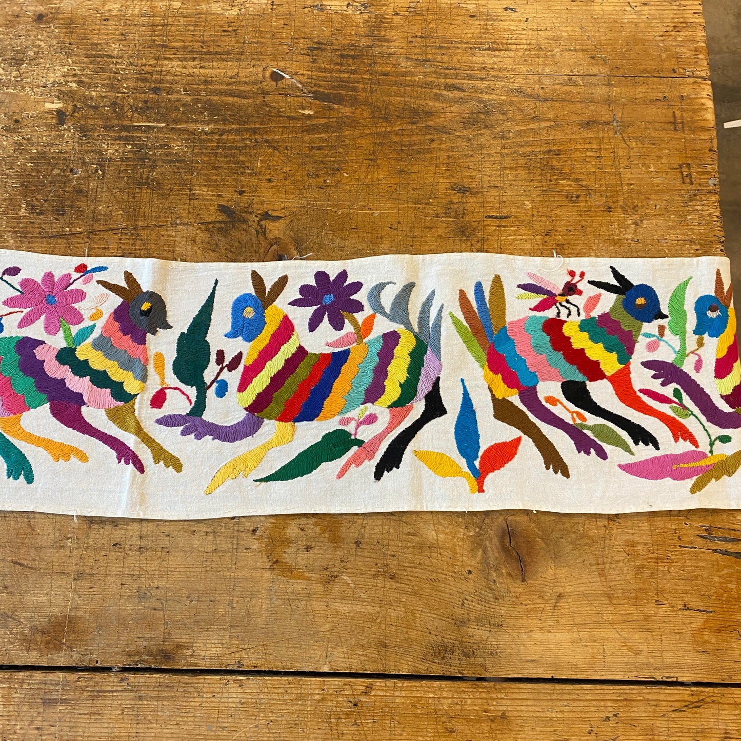 Small Otomi Table Runner- Horizontal Multicolor Flowers and Animals G