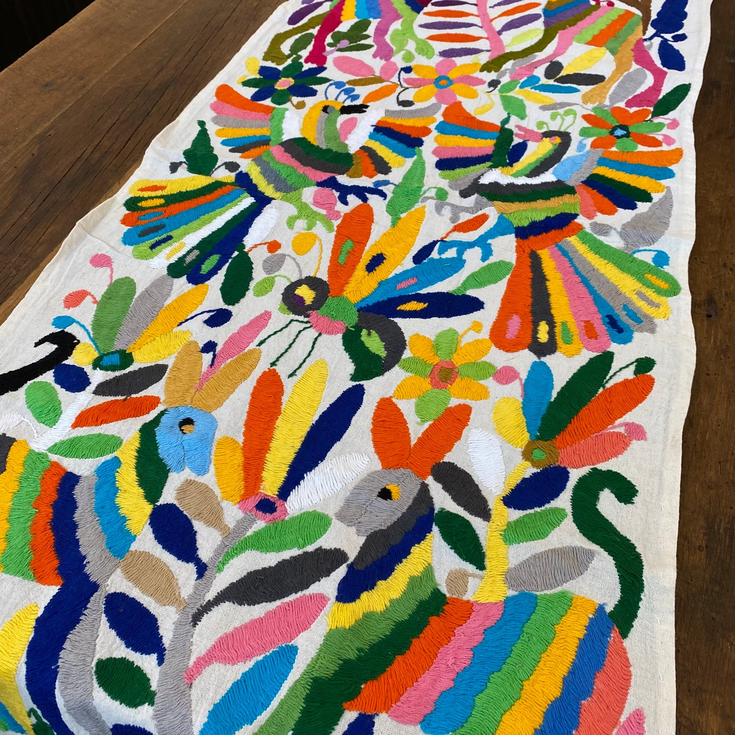 Large Otomi Table Runner- Multicolor with Flowers and Animals-A