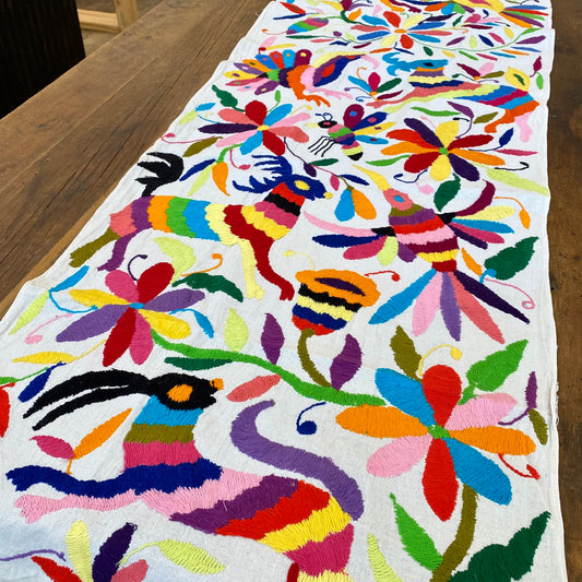 Large Otomi Table Runner- Multicolor with Flowers and Animals- D