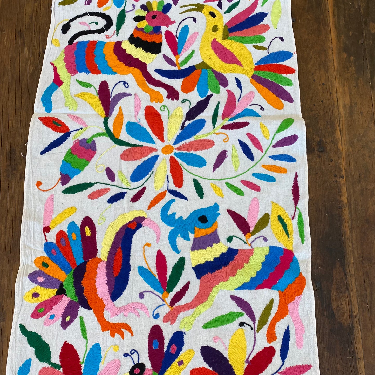 Large Otomi Table Runner- Multicolor with Flowers and Animals- D