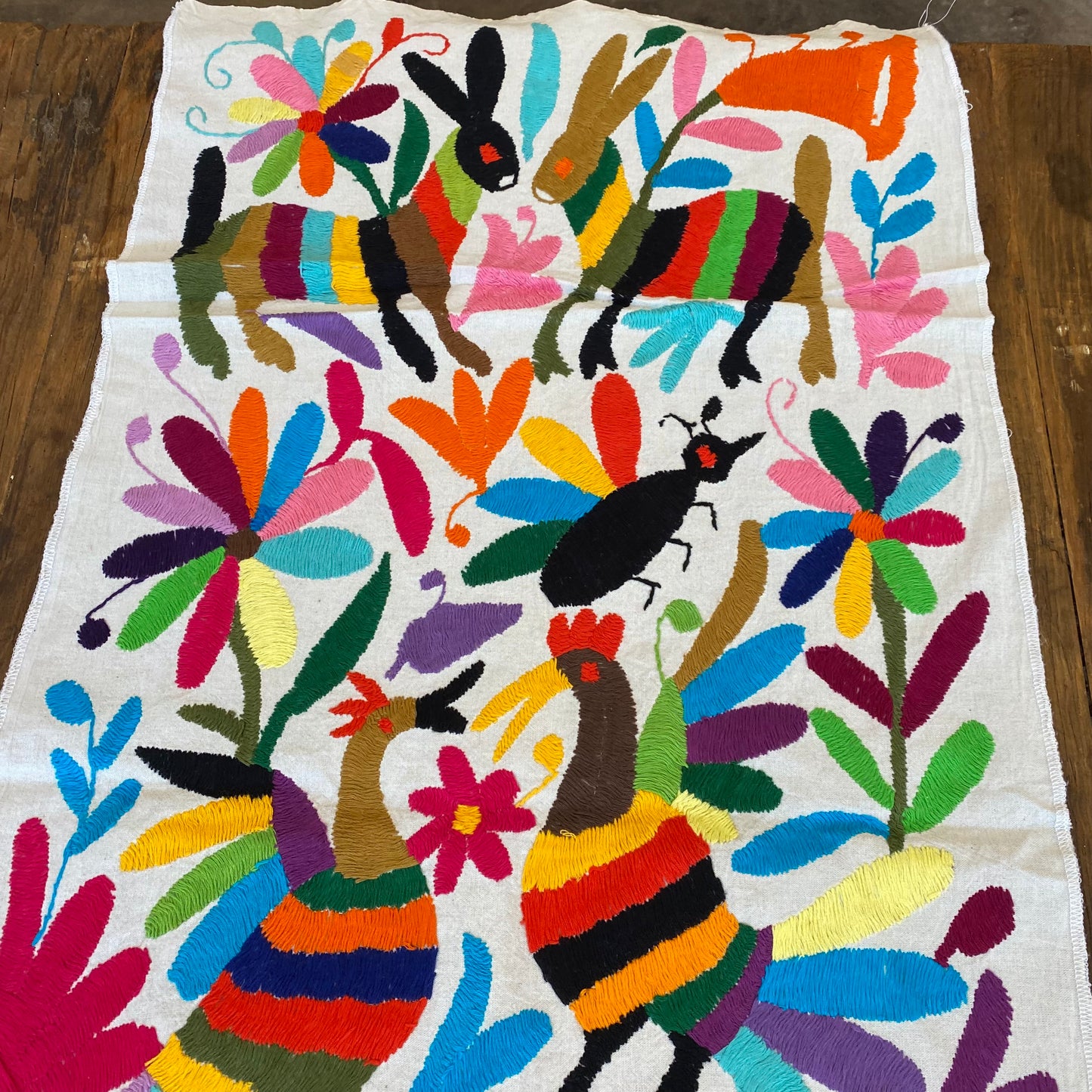 Large Otomi Runner- Multicolor with Flowers and Animals- J
