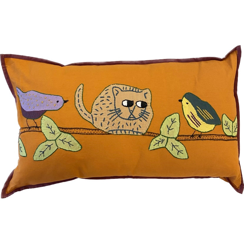 Cat and Birds Pillow- Spicy Orange