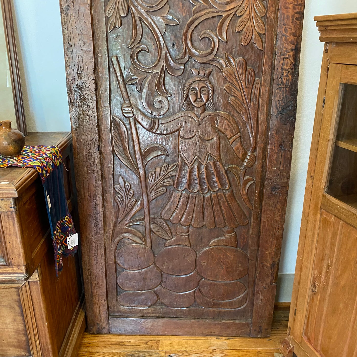 Large Carved Wooden Door from Guatemala- Native Man and Leaves