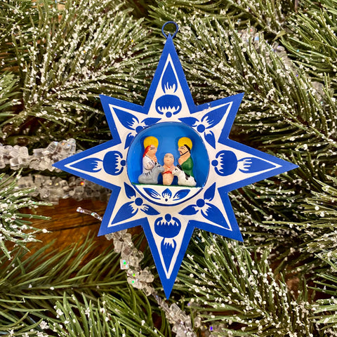Blue and White Star Nativity Ornament from Peru