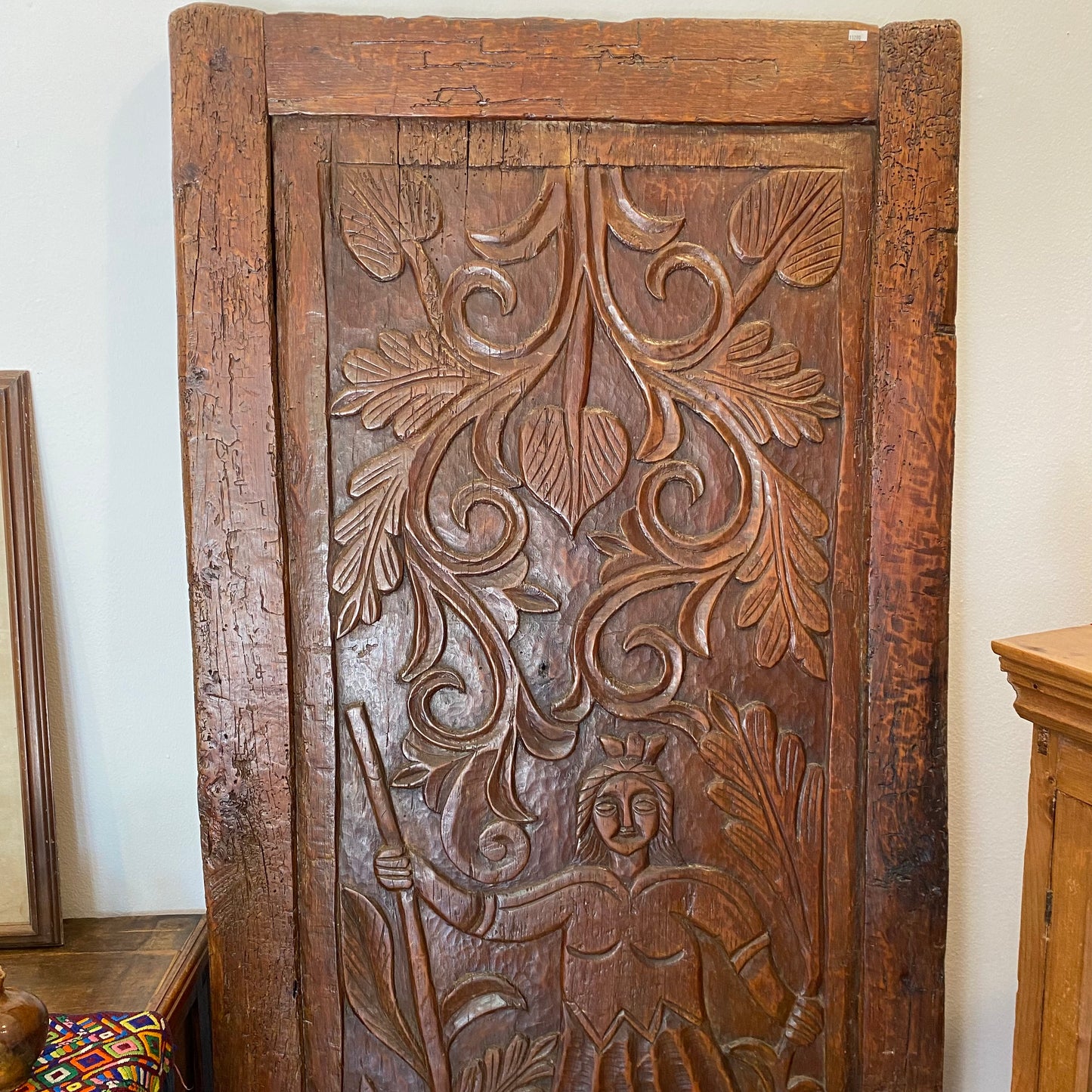 Large Carved Wooden Door from Guatemala- Native Man and Leaves