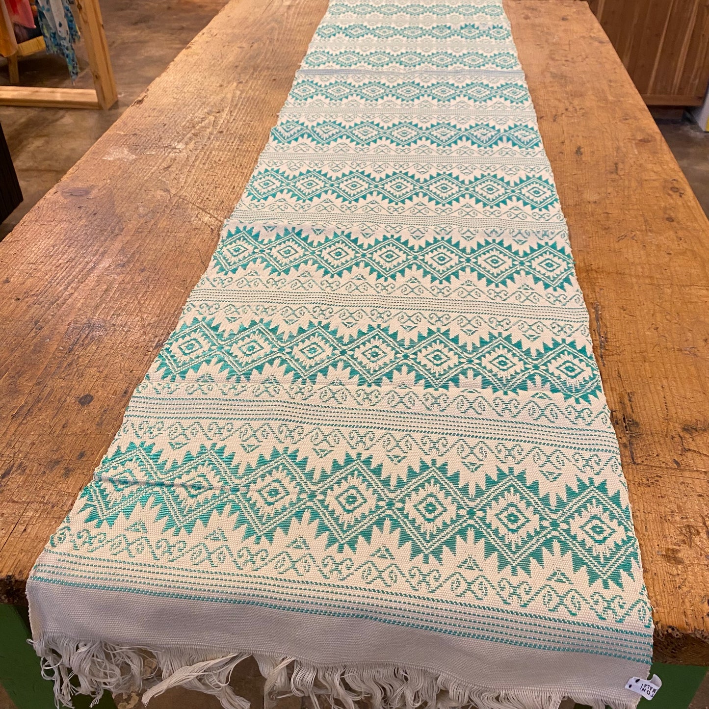 Comalapa Table Runner from Guatemala- White and Turquoise