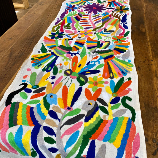 Large Otomi Table Runner- Multicolor with Flowers and Animals-A