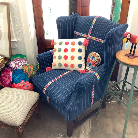 Vintage Wingback Chair with Blue Corte Guatemalan Textile